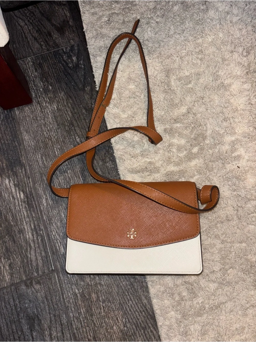 Tory Burch Tan and White Crossbody Bag